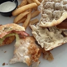 "Crispy" chicken sandwich, "seasoned" fries, half waffle, and side of ranch "Crispy" chicken sandwich, "seasoned" fries, half waffle, and side of ranch
