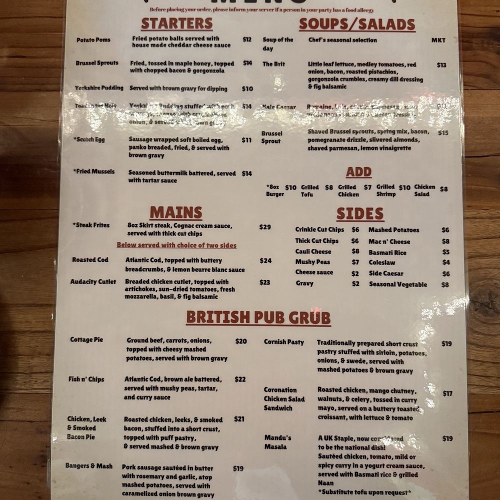 Audacity British Style Pub - New Menu - Pubs Near Me - Manchester, Connecticut