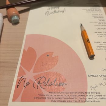 No Relation - Note the carrot holder and a pencil for doodling!! - Sushi Bars Near Me - Boston, Massachusetts