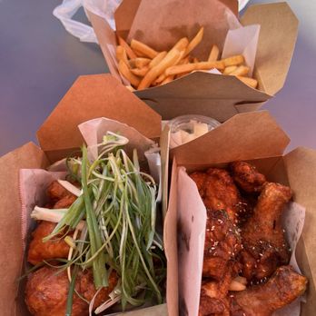 Ttobongee Chicken - Green onion fried chicken half order, soy garlic fried chicken half order, side of fries - Korean Near Me - Pleasanton, California Ttobongee Chicken - Green onion fried chicken half order, soy garlic fried chicken half order, side of fries - Korean Near Me - Pleasanton, California