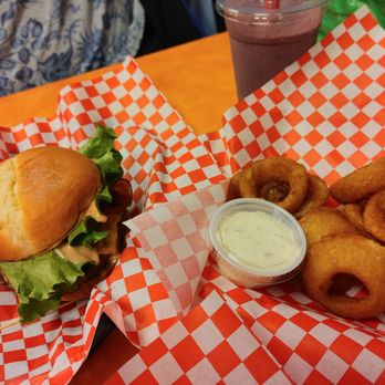 Level Up Burgers - Bacon cheeseburger and onion rings with ranch - Burgers Near Me - Lakewood, Washington Level Up Burgers - Bacon cheeseburger and onion rings with ranch - Burgers Near Me - Lakewood, Washington