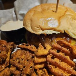 Tallgrass Tap House - BBQ Cheddar Burger, medium rare, with sweet potato fries and tomato aeoli.
