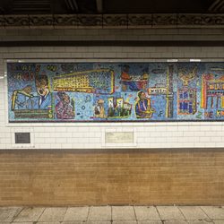 MTA - 135th St. Subway Station - 2 - 3 - 135th St Lenox Ave Line Subway Station (2,3) - Willie Birch "Harlem Timeline" 1995, left half "What's in My Hand?" on Downtown side