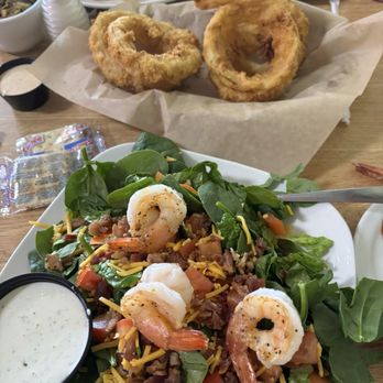 Paw-Paw's Catfish House - Grilled shrimp salad and onion rings. - Seafood Near Me - Bastrop, Texas