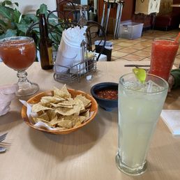 Chips and salsa with michilada and margaritas Chips and salsa with michilada and margaritas