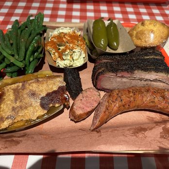 Terry Black's Barbecue - Peach cobbler , green beans, potato salad ,Jalapeño, cornbread, sliced brisket, original sausage - Barbeque Near Me - Austin, Texas Terry Black's Barbecue - Peach cobbler , green beans, potato salad ,Jalapeño, cornbread, sliced brisket, original sausage - Barbeque Near Me - Austin, Texas