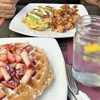 The Breakfast & Burger Club - Belgian waffle and fajita omelette. - Burgers Near Me - Nyack, New York The Breakfast & Burger Club - Belgian waffle and fajita omelette. - Burgers Near Me - Nyack, New York