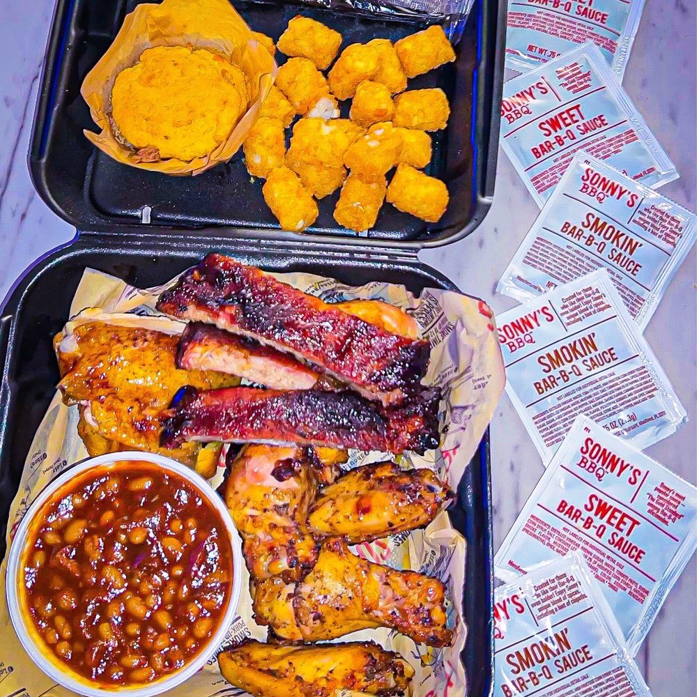 Sonny's BBQ - Ribs & Smoked Wings, All Dark Chicken 1/4, Tater Tots, Corn Bread and BBQ Beans - Barbeque Near Me - Orlando, Florida Sonny's BBQ - Ribs & Smoked Wings, All Dark Chicken 1/4, Tater Tots, Corn Bread and BBQ Beans - Barbeque Near Me - Orlando, Florida