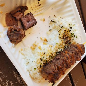 WagyuKushi - Plate, $13.99. Comes with 2 skewers and enough rice for a village lol. - Japanese Near Me - Honolulu, Hawaii WagyuKushi - Plate, $13.99. Comes with 2 skewers and enough rice for a village lol. - Japanese Near Me - Honolulu, Hawaii