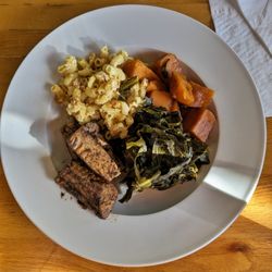 Majani Food Emporium - Jerk Tofu, Mac & Cheese, Greens, Candied Sweet Potatoes Bowl