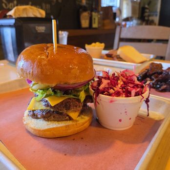 Monk's BBQ - Brisket cheeseburger (lettuce tomato onion and pickles) Side of slaw - Barbeque Near Me - Purcellville, Virginia