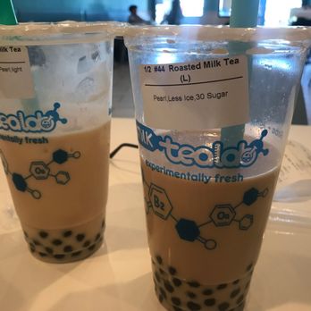 Milk Tea Lab - Jasmine Milk Tea (left) w/light ice and light honey boba and Roasted Milk Tea w/light ice and boba - Coffee & Tea Near Me - Pleasant Hill, California