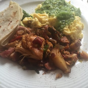 Backstreet Cafe - Chicken hash with scrambled eggs instead of poached. - New American Near Me - Houston, Texas