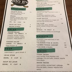 Big E's Sports Bar and Grill - Main menu