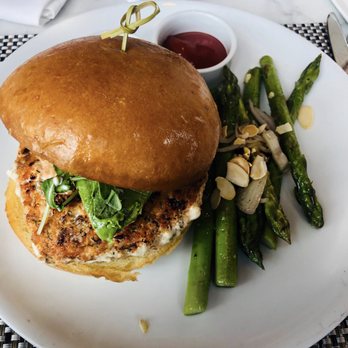 Fig & Olive - Salmon Burger with asparagus - French Near Me - Houston, Texas