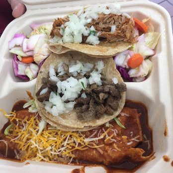 Jorge's Mexicatessen - Carne asada taco and pork adobo with cheese and Chilada and cabbage salad - Delis Near Me - Encinitas, California