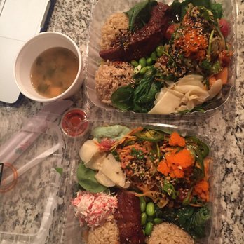 Hoki Poki - Large boxes and delicious miso to go. About $10 each. Great value. I could hardly finish my food and the fiancé was over stuffed. - Poke Near Me - Richardson, Texas