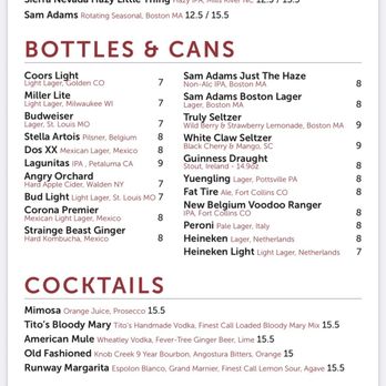 Beercode Kitchen & Bar - The menu from Beercode Kitchen & Bar includes sections for draft beers, bottles and cans, cocktails, and wines. Draft beers list options like Michelob Ultra, Blue Moon, Modelo, Sierra Nevada Hazy Little Thing, and Sam Adams seasonal beers with prices. Bottles and cans include Coors Light, Miller Lite, Budweiser, Stella Artois, Dos XX, and others, with prices ranging from $7 to $9. Cocktails feature drinks like Mimosa, Tito's Bloody Mary, American Mule, Old Fashioned, and Runway Margarita, priced at $15. Wines are available in 5oz servings, including options like Benvolio, Brut Champagne, Tommasi, Daschwood, Columbia, and Dough, with prices from $13 to $18. - Breakfast & Brunch Near Me - Windsor Locks, Connecticut