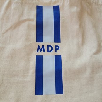 Image On - Custom canvas tote bags for my bridesmaids! - A beige fabric bag features a vertical blue and white striped pattern with the letters "MDP" printed in blue in the center. - Screen Printing/T-Shirt Printing Near Me - Santee, California