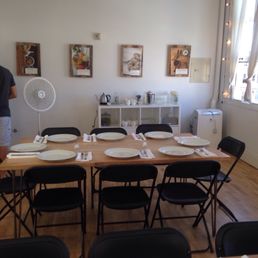 One of 3 tables for guests  .