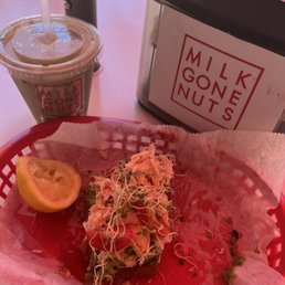 Avocado toast with baked Salmon on gluten-free bread & Iced Matcha Avocado toast with baked Salmon on gluten-free bread & Iced Matcha