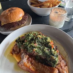 Pork chop, french fries, and burger Pork chop, french fries, and burger