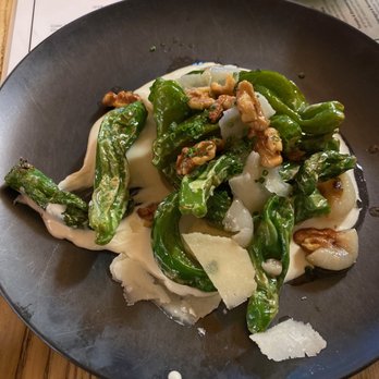 Skogen Kitchen - Shishito Peppers w Walnuts and Goat Cheese crema - New American Near Me - Custer, South Dakota Skogen Kitchen - Shishito Peppers w Walnuts and Goat Cheese crema - New American Near Me - Custer, South Dakota