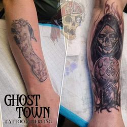 Ghost Town Tattoo And Piercing - This is my cover up Kevin has started. 1 Morse session to go.