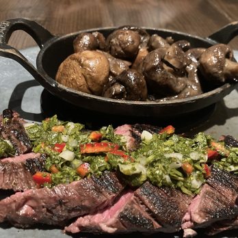 Chop, Block & Brew - Hanger with chimichurri cooked Pittsburgh style, medium rare. Side of sautéed cremini mushrooms - American Near Me - Maricopa, Arizona