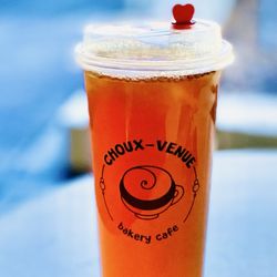 Choux-Venue Bakery Cafe - Choux-Venue Bakery Cafe's jasmine Green tea. (no sugar) Moi fave. Love the new cups w/heart top "la vie en rose" OuiOui.