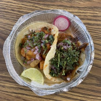 Mi Calvillo - Potato taco on the left and poblano taco on the right -- both delicious but the tortillas were a bit wimpy - Mexican Near Me - Durham, North Carolina