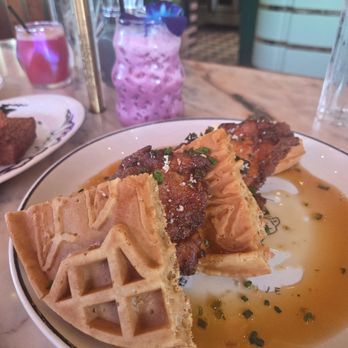 Morning Glory - Chicken & waffles. The chicken was crispy on the outside and tender and juicy on the inside. SO GOOD! - Breakfast & Brunch Near Me - San Diego, California Morning Glory - Chicken & waffles. The chicken was crispy on the outside and tender and juicy on the inside. SO GOOD! - Breakfast & Brunch Near Me - San Diego, California