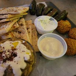 Mo’s Falafel House - Sampler platter with baba ganoush, falafel and grape leaves.