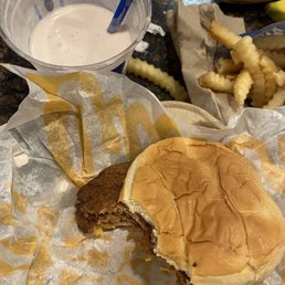 Cheese burger, fries, strawberry soup shake