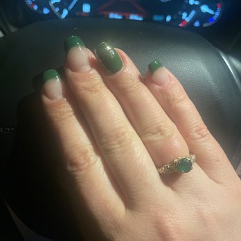 J And B Nails & Spa - Coffin shaped French tips with green and gold. - Nail Salons Near Me - Killingly, Connecticut