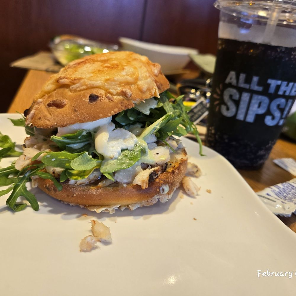 Panera Bread - Chicken Roma Asiago Bagel Stacker along with soda - Sandwiches Near Me - Smyrna, Georgia Panera Bread - Chicken Roma Asiago Bagel Stacker along with soda - Sandwiches Near Me - Smyrna, Georgia