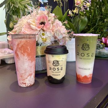 Rose Tea Lounge - Strawberry Cloud ~ $8.50, Crème Brûlée Boba Latte ~ $6.50, Strawberry Matcha Latte ~ $7 - Bubble Tea Near Me - Sacramento, California