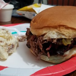 Smoke N Outlaw BBQ - GIANT chopped brisket sandwich and potato salad.