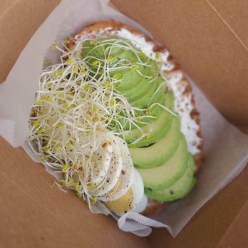 Enchanted Coffee - Crunchy toast with cream cheese avocado egg and sprouts. So good! - Coffee & Tea Near Me - Brea, California