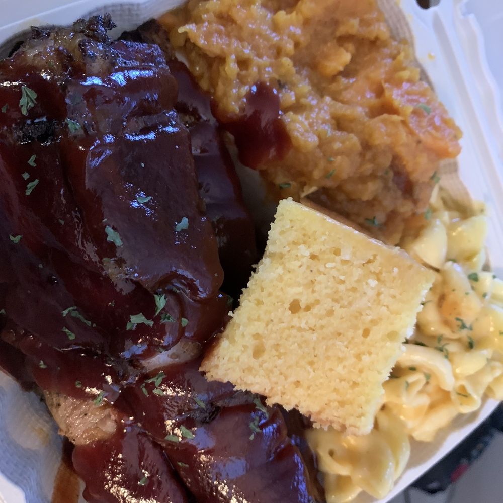 Meat and two with ribs, yams and Mac & Cheese Meat and two with ribs, yams and Mac & Cheese