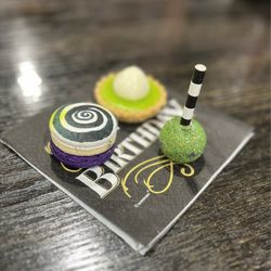 Alchemy Bake Lab - Beetlejuice Themed treats...glitter cake pop, PB&J macaron and key lime tart