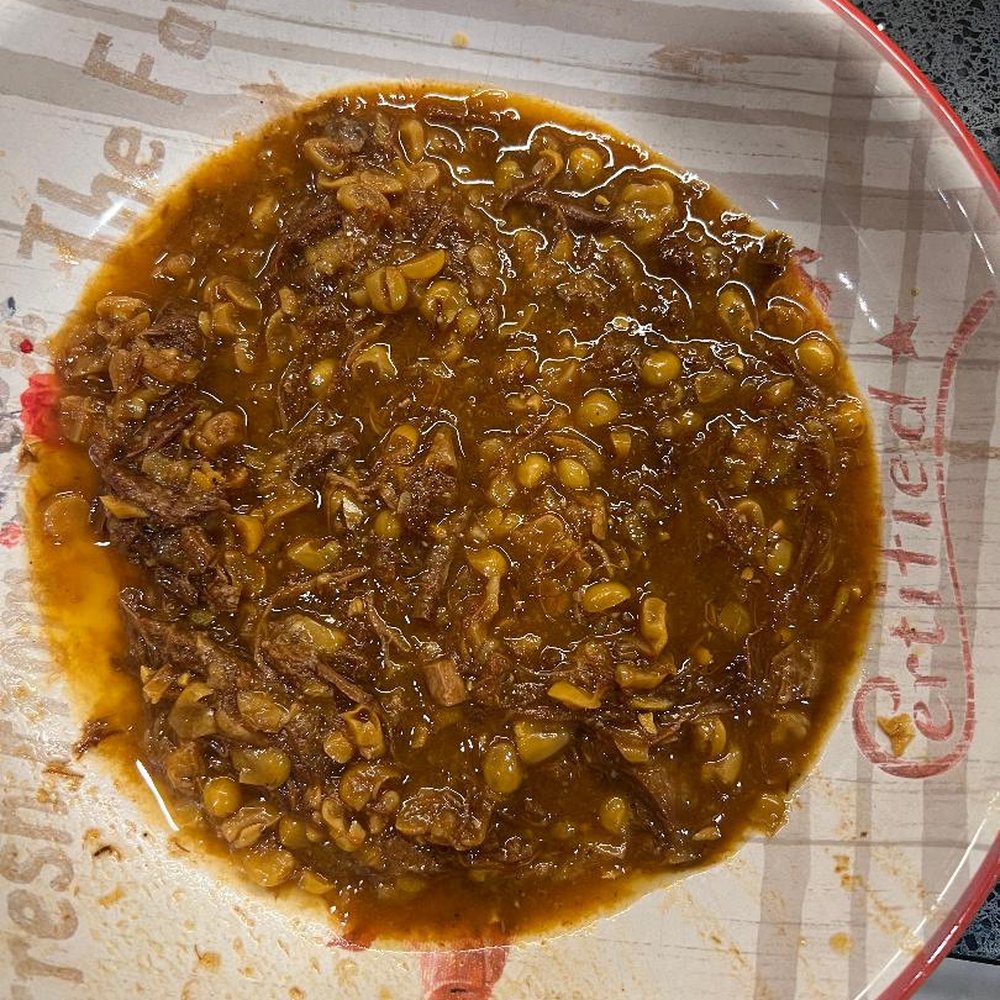 Merle's Bar-B Q - Greasy Brunswick Stew with very dark pieces of dried up pork. - Barbeque Near Me - Dallas, Georgia Merle's Bar-B Q - Greasy Brunswick Stew with very dark pieces of dried up pork. - Barbeque Near Me - Dallas, Georgia