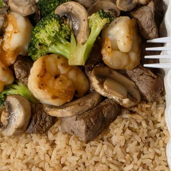 Hibachi Express Japanese Restaurant - The Filet Mignon and Hibachi Shrimp, with broccoli, zucchini, onions, mushrooms,  and fried rice. - Japanese Near Me - Roanoke, Virginia