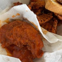 The Rock Cafe - Buffalo chicken tenders with sweet potato waffle fries.