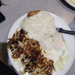 Victoria's Family Restaurant - Country Fried steak, 3 eggs over easy and crispy hashbrowns too