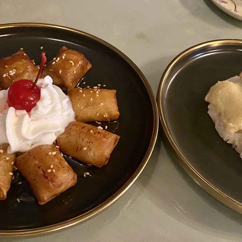Thai Palace - House made Fried banana and egg custard with sweet sticky rice - Thai Near Me - Chapel Hill, North Carolina Thai Palace - House made Fried banana and egg custard with sweet sticky rice - Thai Near Me - Chapel Hill, North Carolina