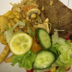 Spice Land - Steak with onions & mushrooms  Chips n salad