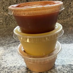 Some good sauces for the tenders, featuring their signature honey mustard in the middle. Some good sauces for the tenders, featuring their signature honey mustard in the middle.