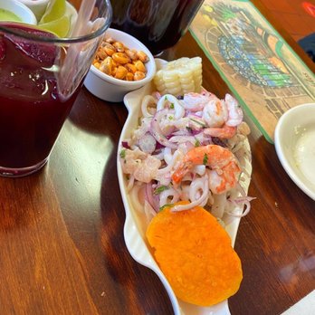 El Eslabon Restaurant - Great ceviche mixto, with shrimp, fish, and octopus. Chicha morada is the drink in the pitcher. - Peruvian Near Me - West New York, New Jersey