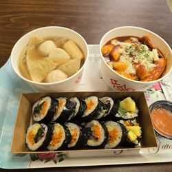 Oh K Dog and Egg Toast - Fishcake soup, tteokbokki, and vegetable kimbap.